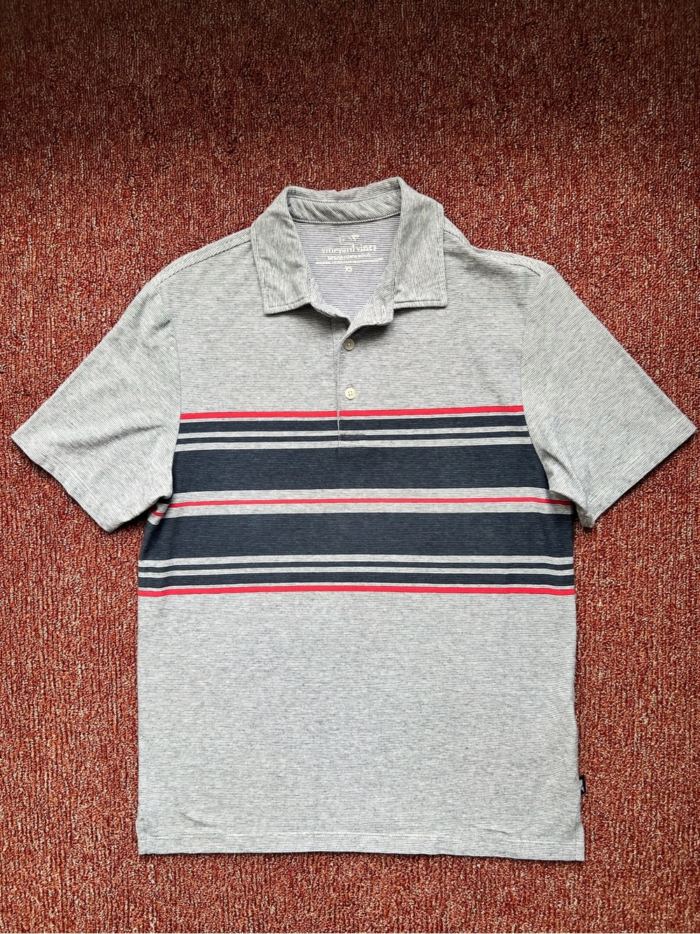 Men's Vineyard Vines Edgartown Striped Grey Polo Shirt w/Navy & Red Bands - XS